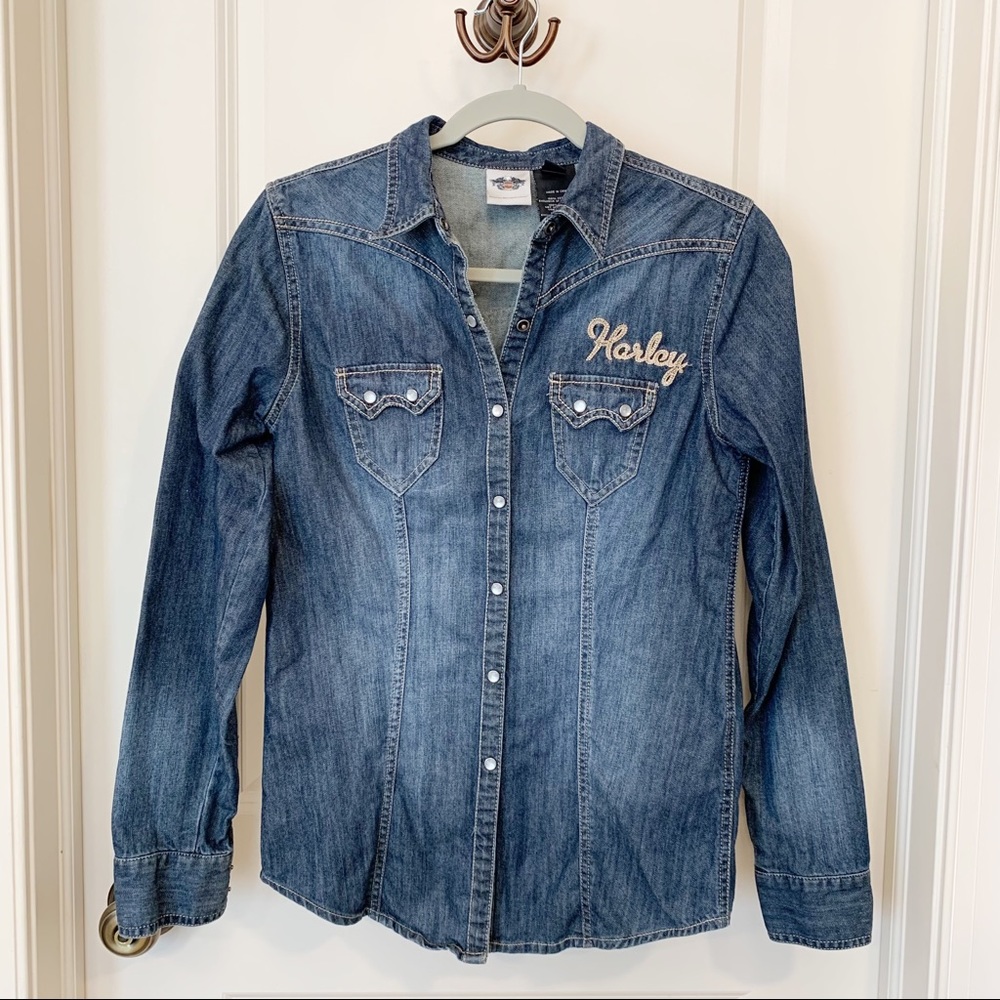 Harley Davidson Snap Front Denim Shirt, Embroidered, Long Sleeves, Blue, Small